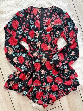 Floral Black & Red Long-Sleeve V-Neck Romper